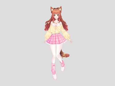 Anime Girl with Cat Ears and Tail Wearing Yellow Top Pink Plaid Skirt Pink Boots 3d model
