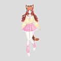 Anime Girl with Cat Ears and Tail Wearing Yellow Top Pink Plaid Skirt Pink Boots