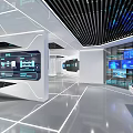 Futuristic Digital Space With Blue Grid Lines Reflective Floor And Central Structure