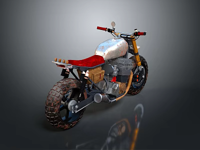 Vintage Style Motorcycle With Red Seat Metallic Body And Chunky Off Road Tires 3d model