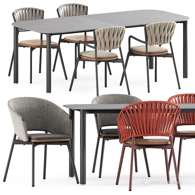 Modern Dining Table with Gray and Red Chairs Woven Design Wooden Seats Metal Frames 3d model 