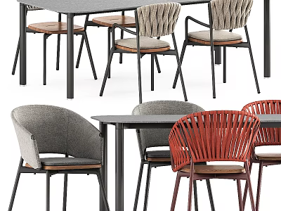 Modern Dining Table with Gray and Red Chairs Woven Design Wooden Seats Metal Frames 3d model