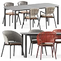 Modern Dining Table with Gray and Red Chairs Woven Design Wooden Seats Metal Frames