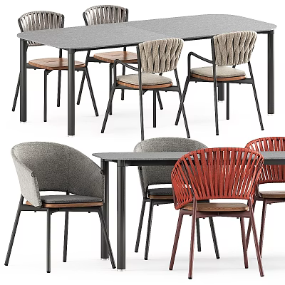 Modern Dining Table with Gray and Red Chairs Woven Design Wooden Seats Metal Frames 3d model