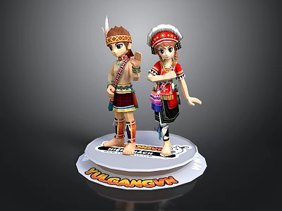 Traditional Costume Figures On Round Base With Headwear And THE CANNON 3d model