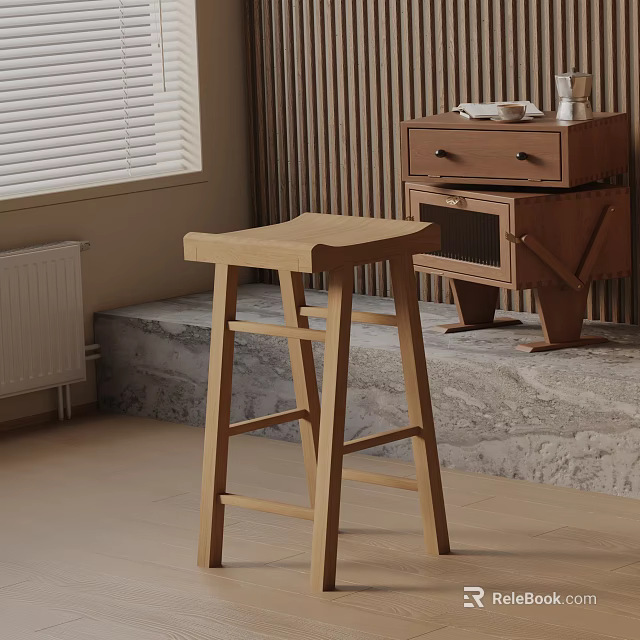 Natural Wood Bar Stool in Modern Kitchen with Marble Counter and Wooden Cabinet 3d model 