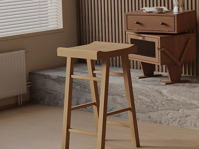 Natural Wood Bar Stool in Modern Kitchen with Marble Counter and Wooden Cabinet 3d model