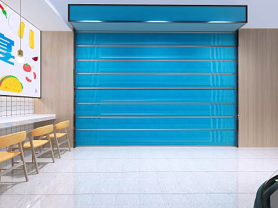 Blue Rolling Shutter Door With Wooden Wall Yellow Chairs White Table And Colorful Patterns 3d model