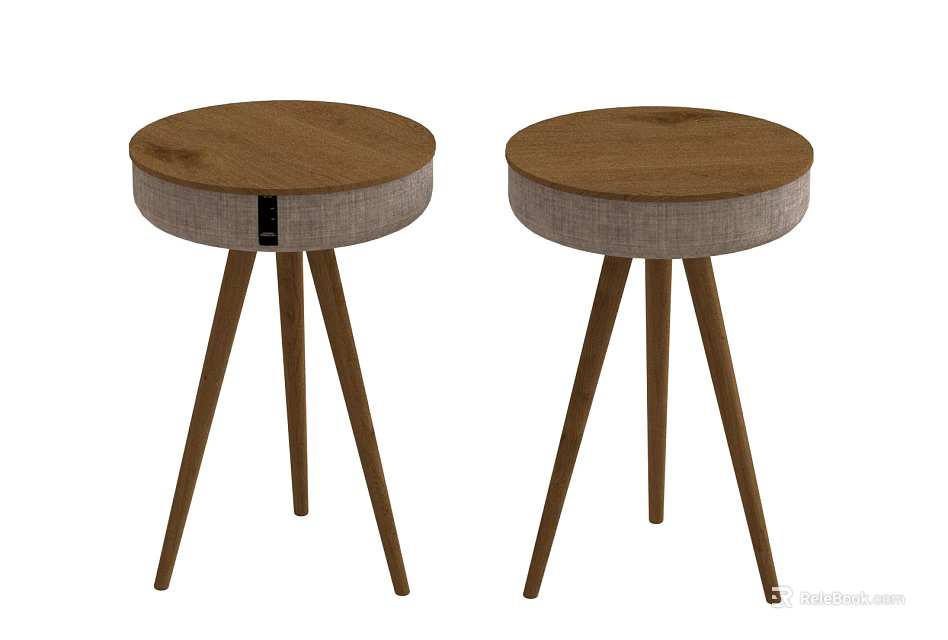 Two Round Wooden Stools With Three Legs And Upholstered Seats 3d model