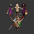 Decorative Skeleton Creature With Purple Banners Green Gem Axe And Red Cloth 3d model