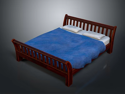 Classic Wooden Bed Frame With Blue Blanket And White Pillows 3d model