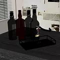 Assorted Whiskey Bottles And Crystal Rock Glasses On Brass Tray Dark Wooden Table