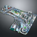 Modern Cars Moving Through Urban 3D Model City With Roads And Buildings