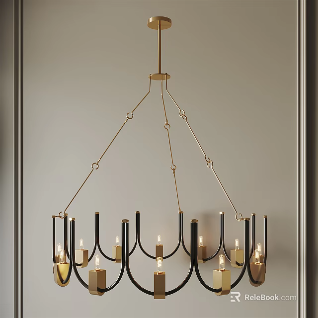 Classic Black and Gold Candle Style Chandelier with Geometric Metal Frame Design 3d model 