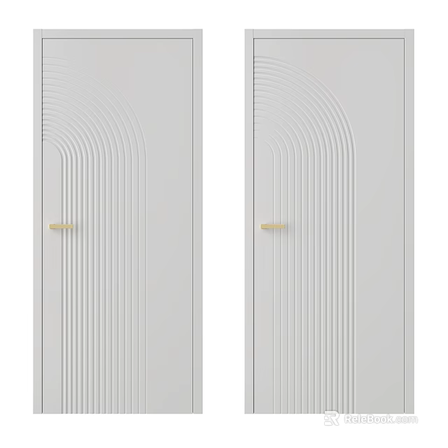 White Swing Doors with Arched Line Patterns and Golden Handles 3d model 