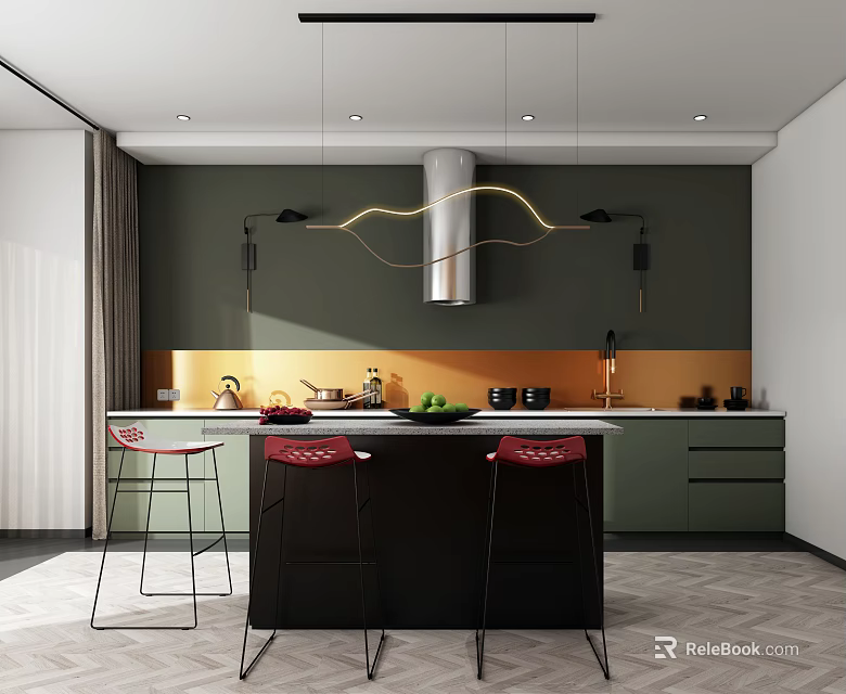 Modern Green Kitchen Interior With Orange Backsplash Black Island And Red Stools 3d model
