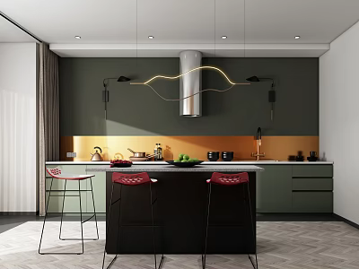 Modern Green Kitchen Interior With Orange Backsplash Black Island And Red Stools 3d model