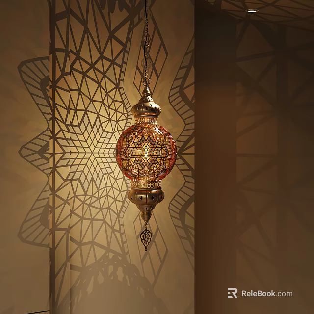Ornate Golden Chandelier With Intricate Filigree Design Casting Beautiful Shadow Patterns On Wall 3d model 
