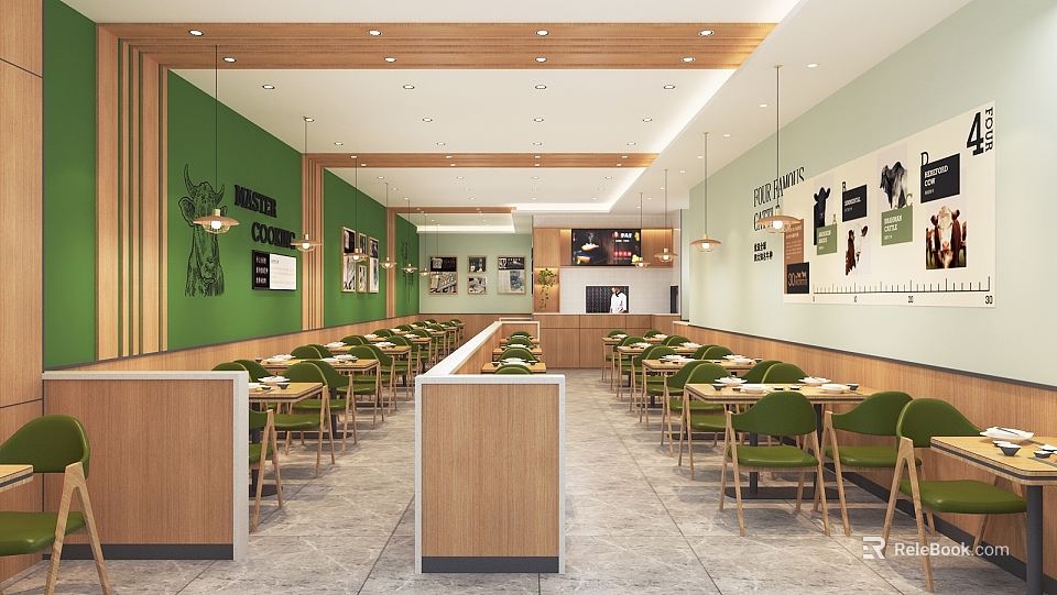 Cozy Restaurant Interior With Green Walls Wooden Tables And Decorative Posters 3d model 