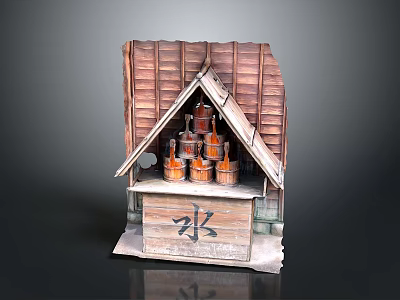 Traditional Wooden Water Pavilion With Tiled Roof And Wooden Buckets On Counter 3d model