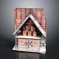 Traditional Wooden Water Pavilion With Tiled Roof And Wooden Buckets On Counter