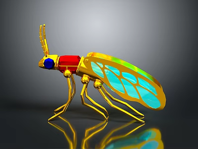 Golden Insect With Red Thorax Blue Eyes Transparent Colorful Wings And Reflection On Gray Background 3d model