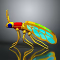 Golden Insect With Red Thorax Blue Eyes Transparent Colorful Wings And Reflection On Gray Background
