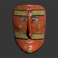 Traditional Red Handcrafted Mask With Long Nose Blue Eyes And Yellow Decorations