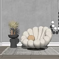 Cream Shell Shaped Single Sofa With Palm Decor Side Table Pendant Light And Gray Rug 3d model