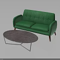 Green Tufted Sofa With Wooden Legs And Oval Marble Coffee Table With Metal Frame
