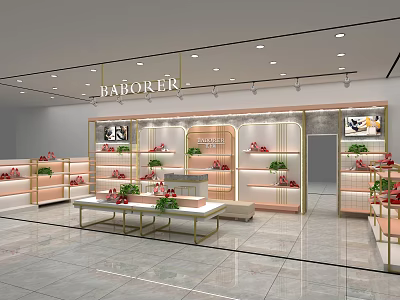 BABOKER Shoe Store Interior With Display Tables Shelves And Decorative Plants 3d model