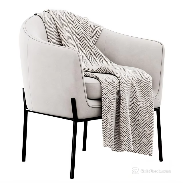 Light Beige Upholstered Accent Chair With Herringbone Throw Blanket And Black Metal Legs 3d model 