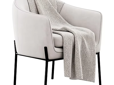 Light Beige Upholstered Accent Chair With Herringbone Throw Blanket And Black Metal Legs 3d model