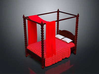 Elegant Four Poster Bed With Dark Wooden Frame Carved Details Red Drapes And White Pillows 3d model
