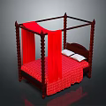 Elegant Four Poster Bed With Dark Wooden Frame Carved Details Red Drapes And White Pillows