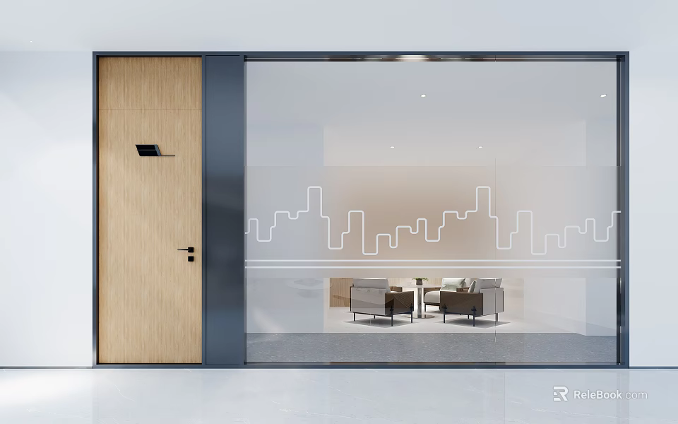 Modern Glass Room Divider With Wooden Door And City Skyline Lines In Contemporary Interior Space 3d model 