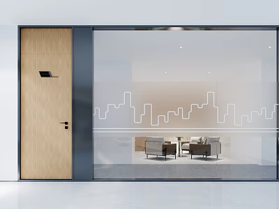 Modern Glass Room Divider With Wooden Door And City Skyline Lines In Contemporary Interior Space 3d model