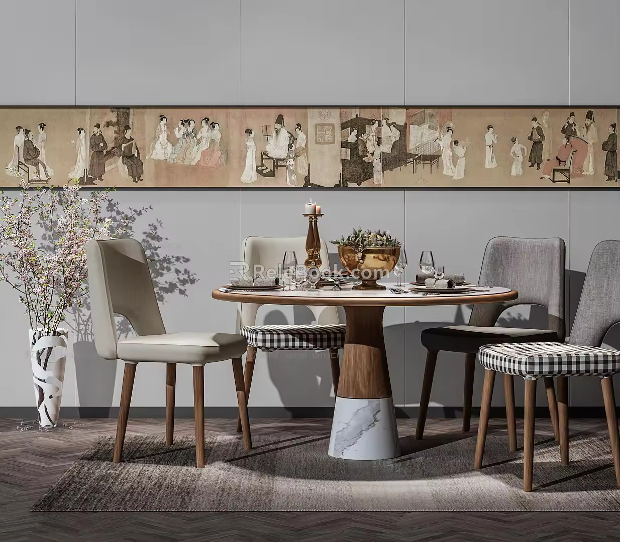 Nordic Dining Table and Chair Combination Round Dining Table 3d model
