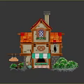 Cartoon House Scene With Red Roof Bakery Sign Green Plants Stone Path And Awning