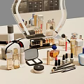 Luxurious Perfume And Cosmetics Display With Bottles Lipsticks Brushes Mirror And Skincare