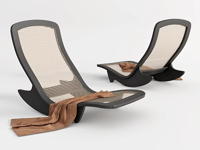 Two Modern Lounge Chairs With Black Frame Mesh Design And Brown Towel 3d model