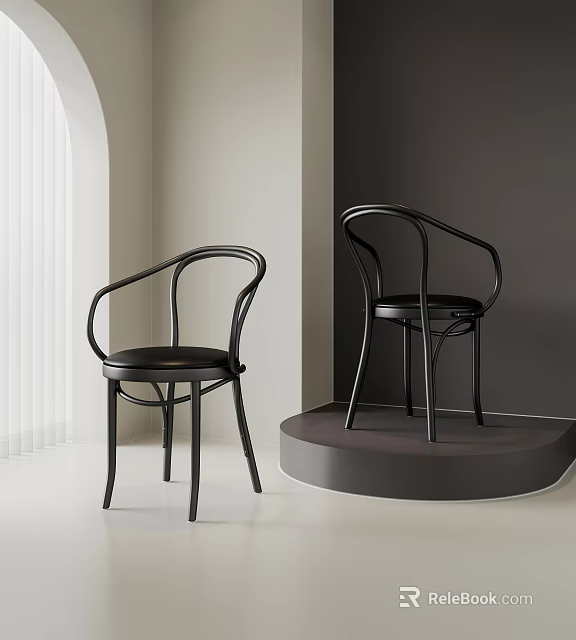 Modern Black Single Chair Interior Design With Round Gray Platform And White Shutters 3d model
