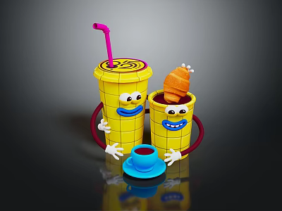 Funny Yellow Cartoon Cups With Smiling Faces Straw Fried Chicken And Small Blue Cup 3d model