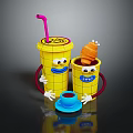 Funny Yellow Cartoon Cups With Smiling Faces Straw Fried Chicken And Small Blue Cup
