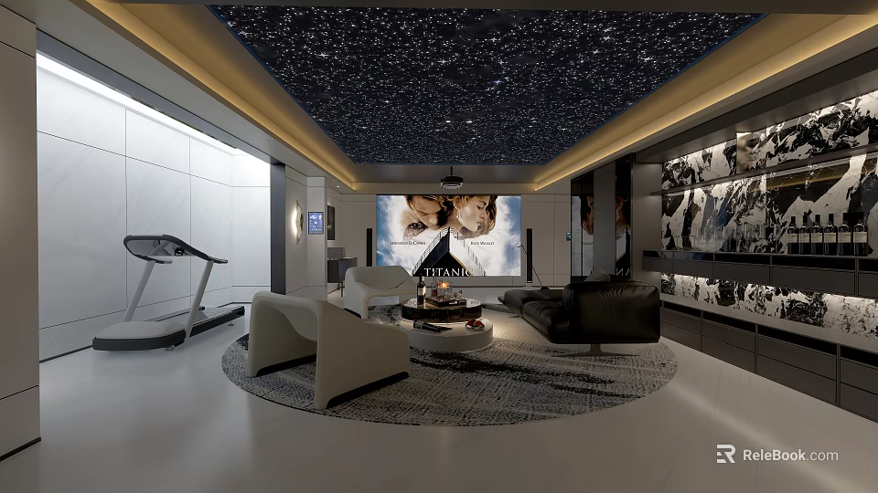 Home Theater Room With Starry Sky Ceiling Large Screen TV Sofa Round Rug And Treadmill 3d model 