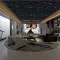 Home Theater Room With Starry Sky Ceiling Large Screen TV Sofa Round Rug And Treadmill