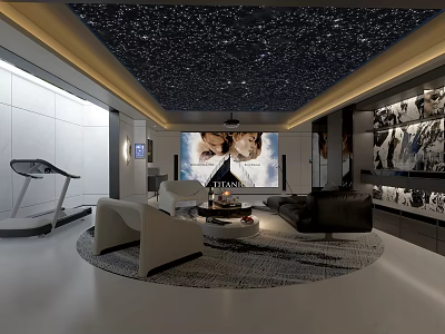 Home Theater Room With Starry Sky Ceiling Large Screen TV Sofa Round Rug And Treadmill 3d model