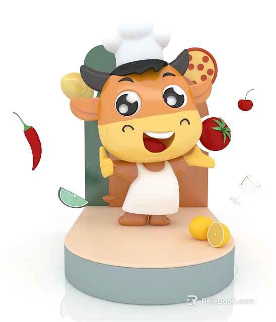 Cartoon Cow Chef Figure In Chef Hat And Apron With Pizza Chili Tomato Cherry Lemon 3d model 