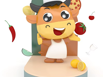 Cartoon Cow Chef Figure In Chef Hat And Apron With Pizza Chili Tomato Cherry Lemon 3d model