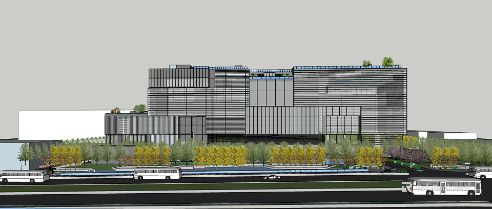 Modern Office Building Exterior With Glass Curtain Wall And Landscaping Greenery 3d model 